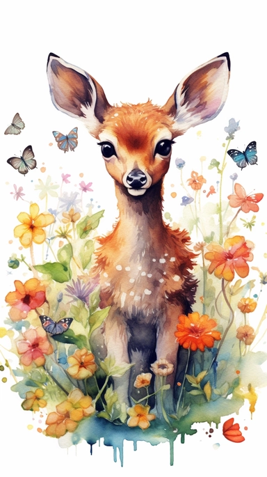 A cute baby deer sitting in a bed of colorful flowers, looking up at the sky with curious eyes, surrounded by butterflies and bees, evoking a sense of innocence and wonder, Watercolor painting with a bright and cheerful color palette, emphasizing the playfulness of the scene, watercolor clipart, white background
