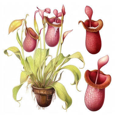 Clipart, vintage, watercolor, Nepepenthes Veitchii, Nepenthaceae, Carnivorous plant, botanical illustration, hand drawn, texture