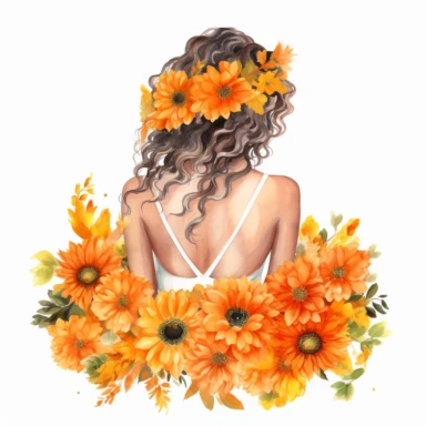 watercolor A woman's face, fullbody, back view White fabric leaves flowers Marigolds decorate hair, wedding dress with flowers Marigolds and leaves adorning her hair. hair up with flowers Marigolds vividly bold designs png Full body realistic cartoon in 32K UHD cute. 15 cm thick outline. Black color. There was no shadow on the ground. 8k with realistic watercolors. and detailed illustrations. PNG clipart, transparent white background