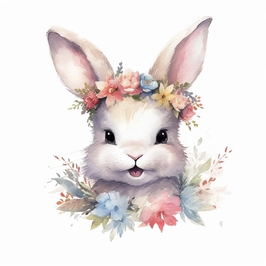 watercolor style, cute baby rabbit, smile, wear flower crown, white background, pixar style details Sublimation Clipart,hyper realistic, intricate detail, illustration style, isolated on white background for removing background