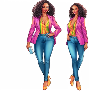 ultra realistic, clipart, hand-drawn, young African American woman is wearing a vibrant and colorful suit jacket, ripped denim jeans that fits her curvy hips, she has glowing skin. She completes her outfit with a pair of simple and elegant high heels that complement the suit jacket. She has ultra long, ultra straight silk pressed hair is carefully styled, framing her face and cascading down her back. Her confident and radiant smile adds to her beauty and grace, making her stand out in any crowd.