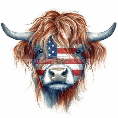 Patriotic Long Haired Calf PNG, Highland cow face clipart, Western, farm cow clipart, Fall sublimation, red, white & blue headband, white background, very detailled, very realistic