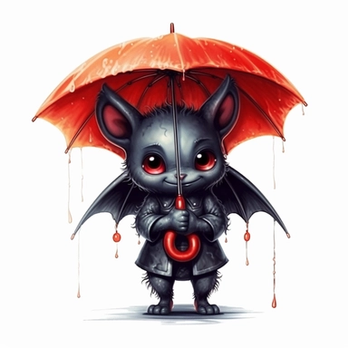 Cute Adorable magical little Devil with black wings holds a umbrella in his hand and wears a raincape and stand in the rain on a country road, clipart, photorealistic illustration, watercolor, high detail, 8k polished, 8k, vibrant colors, sticker, majestic, die cut, Black and Red color, white background