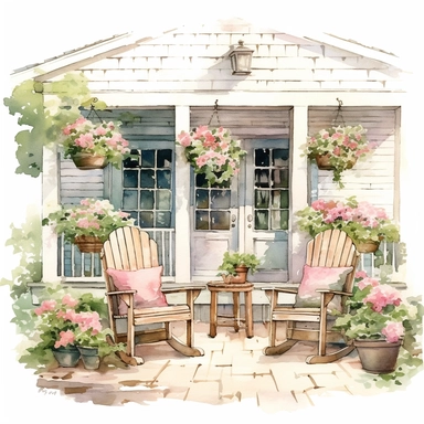 watercolor Close look of Farmhouse Porch, rocking chairs, flowers in pots Clipart