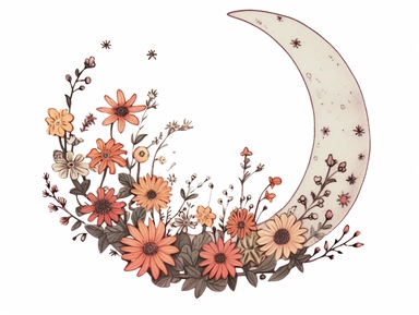 vintage pressed flowers, in a crescent moon shape, for a T-shirt graphic, minimalist, white background with margins, clipart style