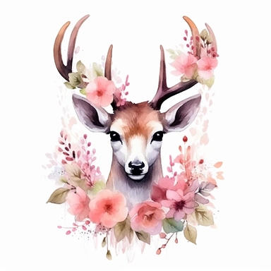 beautiful deer with antler Clip Art, pink flowers, clear Background, Aquarell, kuwaii Chibi, mich Detail