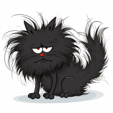 A cartoon-style clipart of a black cat with wild, frizzled fur, looking overwhelmed and exhausted.