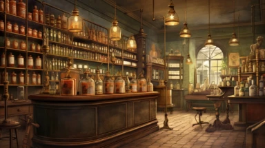 illustration, realistic interior of a vintage bengalore 1896 perfumery and pharmacy with some perfume bottle boxes incense boxes, atmospheric nighttime with ambient lamp lighting, Clipart, watercolor, realistic, full building, highly detailed, hdr, 32K, photo expert quality, watercolor realistic, hyperrealistic and highly detailed