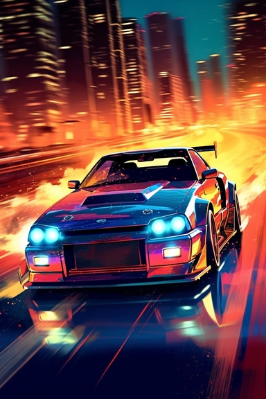 clip art of super tuned wide body kit car driving through flashy japanese skyline light beams reflecting off the car on a cold midnight scene