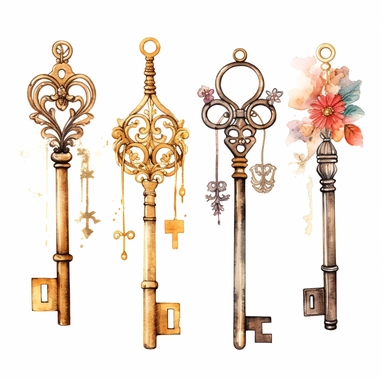 assorted gold keys inspired by Alice in wonderland watercolor illustration, design elements isolated on white background, vintage clip art - Image #4 <@1098423716465102849>