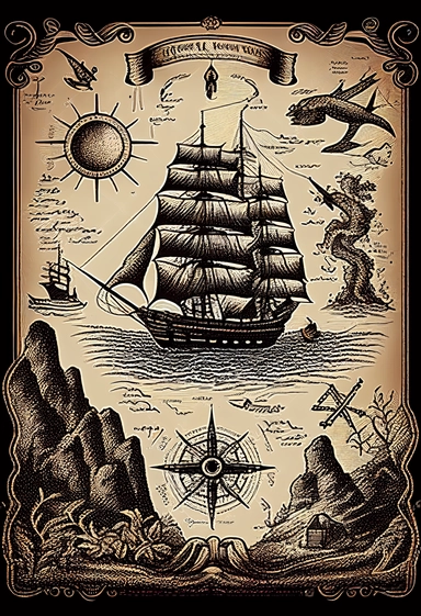 very detailed, high resolution image, hand drawn, dark ink, vintage, antique pirate treasure map, quest map. illustrations of clipper ship, compass, sea monster, mermaid and waves.