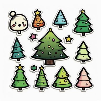 simple cute green christmas tree with colorful lights, sticker set, clip art, white background, doodle, 2d, 1mm line, thick black lines, colors,