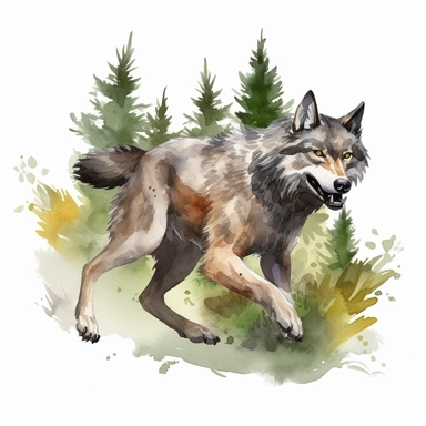 a watercolor of a realistic dire wolf running in a pine forrest, wild life Style, vector free clipart illustration, in the style of unreal engine 5, 32k uhd, detailed features, white background