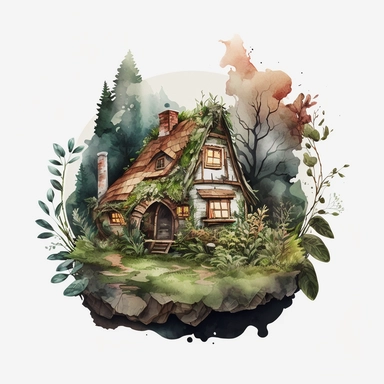 COZY semi-realistic scene of a cob cottage in the forest, wide angle view, transparent background, watercolour illustration style, dreamy, intricate, illustration, detailed , 8k, png, clipart style, deep colours