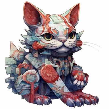 Maneki-neko, Domestic Shorthair, joyful, origami In the style of Brian Froud & Alan Lee, clipart, complex design, dreamy color, white contour, white background only