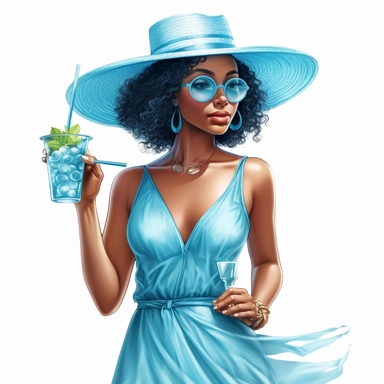 Beautiful pretty black girl wearing summer hat clipart, holding a drink, cyan outfit, highly detailed, 8k, white background