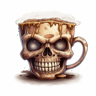 create an image of a coffee cup shaped like a skull, full of dark coffee, clip art, cartoon style, dark humor, white background, gloomy, grim, smiling, steam coming out, light colored cup, skeleton style, cracked bones, hd