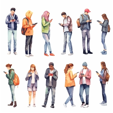 watercolor, Hands holding mobile phones set. Fingers touching, tapping, scrolling smartphone screens, using applications. People handling cell phones. png Full body realistic cartoon in 32K UHD cute. 15 cm thick outline. Black color. There was no shadow on the ground. 8k with realistic watercolors and detailed illustrations. PNG clipart, transparent white background