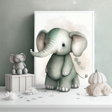 cute animal wall clipart, baby elephant in the style of atmospheric watercolor organic designs, soft and dreamy, dark silver and light green, storybook illustration, plush doll art