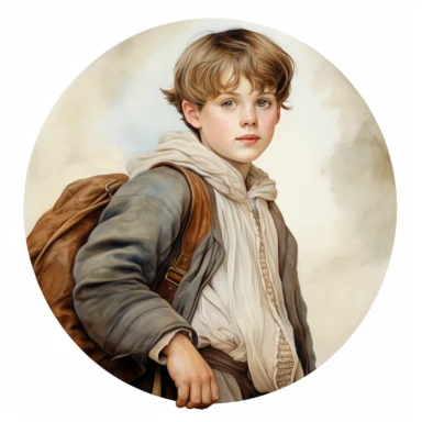 very beautiful boy with schoolbag, vintage, white background, round clipart with pastel color, detailed and lovely Renaissance painting