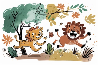 Free cute lion and wolf running and laughing, trees and bushes around, png and clipart, in the style of watercolor washes, punctuated caricature, storybook illustration, joyful chaos, digitally enhanced