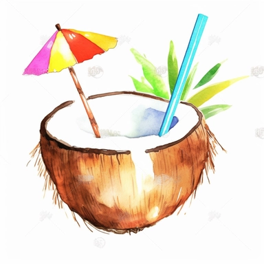 coconut drink, with flower in the drink, watercolour clipart, emoji illustration, summer, white background, animated shape,