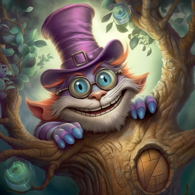 COMIC/CARTOON fantasy magical wacky cheshire cat in a huge tree,large eyeglasses, hats, muted colors, swirls, twists, twirls, metallic, glitter, stylized, funny, centered, airbrushed, digital oil, detailed illustration, clip art, cartoon, 8k, ar 9:8