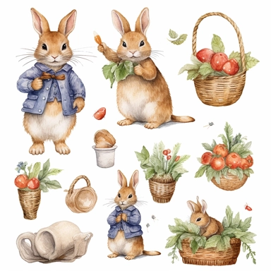 Easter clipart set, whimsical and cute hand drawn illustration, Beatrix Potter isolated image white background