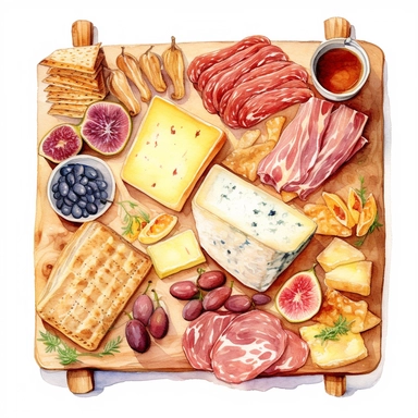 Watercolor charcuterie platter with salama pastrami jambon sausage ham crispy breadsticks sauce cheese nicely placed along with cheese on a very large wooden flat plate or cutting board, illustrations clipart set, simple, soft colors, cartoon elements, different variants, cheese from around the world, wooden elements, separate elements with a margin