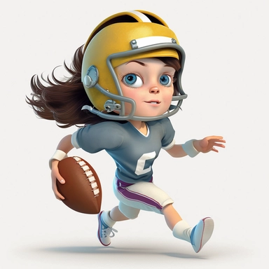 Adorable young girl playing american football, making a pass, passing, wearing a helmet, full body, smiling, american football, Sport graphics, action clipart, 16k, isolated on white background, 3d, rendered by pixar