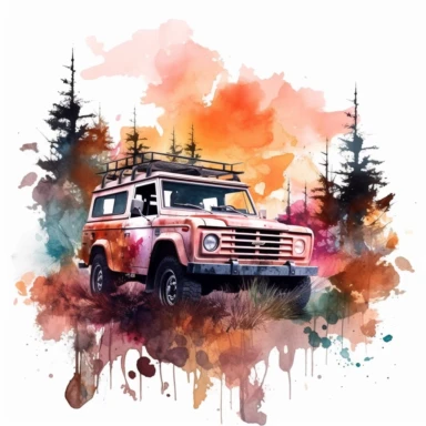 water color offroad floral advventure car 4*4 vehicle truck between high mountains and trees, vivid colors, sunset, clipart, hd, white background