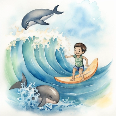 watercolour, adorable, me and the Sea: features an adorable little polynesian boy surfing with dolphins. He is 4 years old, The positive affirmation could be I am confident in my ability to explore the world around me, clipart style