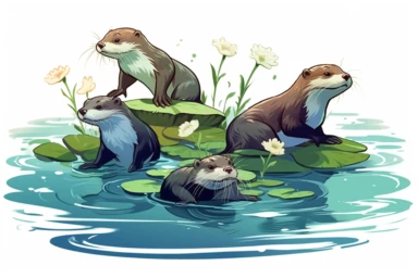 Design a dynamic anime-style vector clipart of otters leaping from one lily pad to another in a tranquil pond, displaying their agility and grace. Viewed from an animated perspective, HD, spaced out, on white background