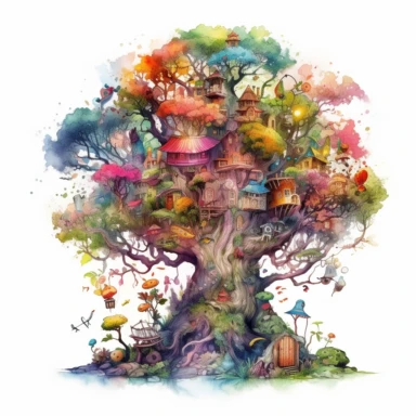 watercolor fantasy tree clipart, where the intricate details and vibrant colors bring to life a whimsical forest filled with magical creatures and hidden wonders, imposing figure, white background, 8k