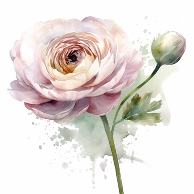 One Dusty pink and white ranunculus flower, big blooms, with muted green whispy foliage with gold flicks, elegant and beautiful floral clipart for wedding invitations, delicate, watercolor, oil painting, defined edge on white background