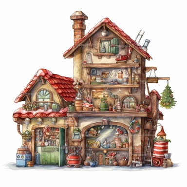 watercolor style, Santa's workshop: A depiction of Santa's magical workshop, bustling with elves, toys, and gift preparations. Clipart, isolated on white background, 4K