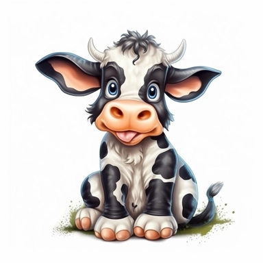 Cute Beautiful Funny Baby funny cow is sitting Full body Sublimation Clipart,Cartoon,hyper realistic, intricate detail, illustration style,high solution,on the white background
