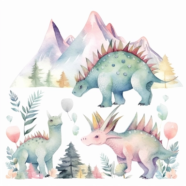 friendly, fluffy watercolor dinosaurs clipart, pastel colors, in the mountains, forest, separated, seamless, transparent background--AR 3:2