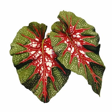Clipart, Polka Dot Begonia's, also known as Begonia Maculata Leaf, tropical botanical plant from Brazil, with large angel wing shaped leaves, in a vibrant olive green color, deep red undersides and polka dot finishes on top. It has silver spots on its surface and a crimson reddish underside