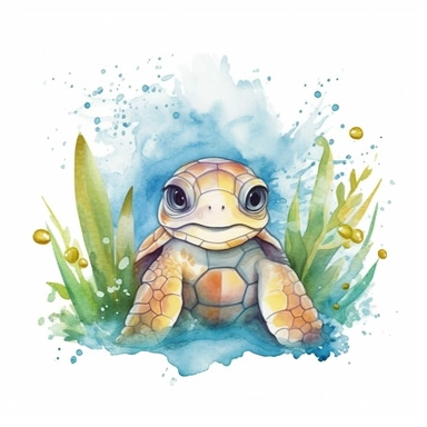 a captivating watercolor clipart image with a white background and white margins, featuring a cute sweet kawaii baby turtle surrounded by sea grass and water bubbles. The ultra-detailed, hand-drawn elements capture the details. Use vibrant shades of various colors to create a visually appealing image
