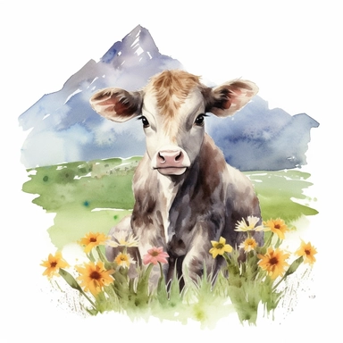 realistic watercolor baby cow sitting on the green grass with flowers with a nice mountain hill background on solid white background, clipart