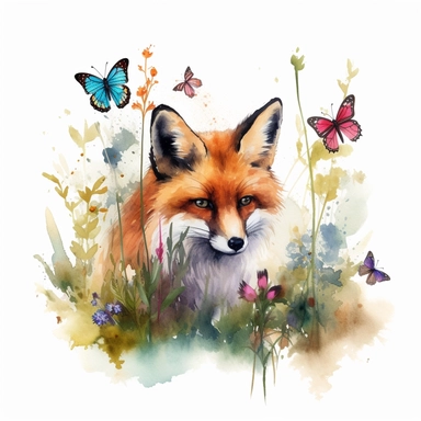 Fox look into away, half of fox body surrounded by long grass and flowers, little butterflies, colorful, watercolor clipart, white background