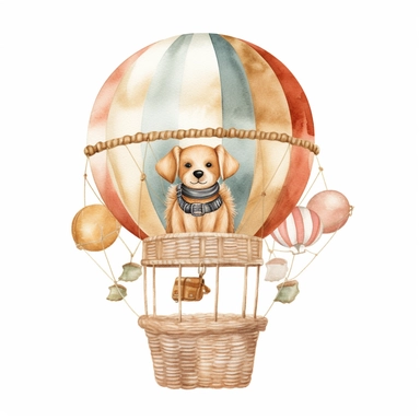 balloon with a basket , Wood dog Pilot Clipart, Aviator Clipart, cute sweet baby animals Illustrations vintage