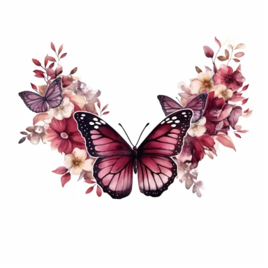 maroon butterfly on a flower border clipart, white background, watercolor, vector