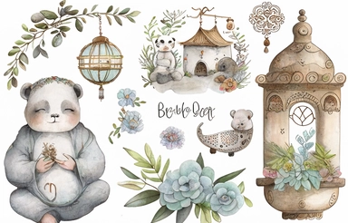boho, nursery items, baby toys, watercolor clipart, zen meditation Buddhist style, intricately detailed, very clean and detained images
