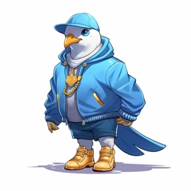 a friendly cartoon dove wearing a gold necklace, a blue jacket, blue sneakers. Hip hop, white background, Clip art style