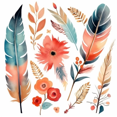 Craft a collection of boho-chic watercolor clipart (content) showcasing meticulously hand-painted floral and feather designs. The artistic medium should reflect the charm and elegance of watercolor paintings. Draw inspiration from renowned watercolor artists like Anna Bond and Flora Bowley, infusing the set with their signature styles. Utilize warm, natural lighting to enhance the organic feel of the designs, while employing a harmonious color palette reminiscent of earthy tones and pastel hues.
