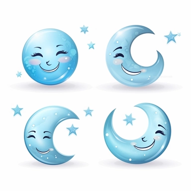 beautiful smiling moon symbols in white, pale blue and silver, white background, vector-style, clipart collection
