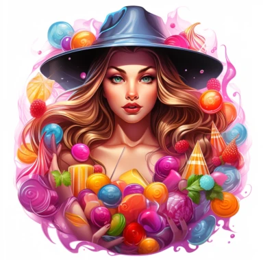 Sharp Illustration of a fantasy sweet candy witch clipart aginst white background in watercolor style, majestic scene, beautiful witch, sweets, vibrant colors, bubble gum, colorful candies, illustration style, vibrant colors, unreal engine 5, detailed illustration, high resolution, high quality, solid white background