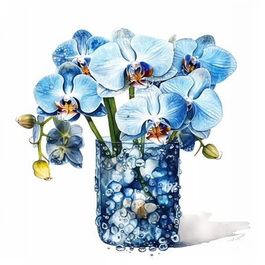 Beautiful vivid realistic watercolor blue orchids, in exquisite pretty creative flower vase, modern, isolated white background, clipart, hd quality, illuminated with the sun’s ray’s